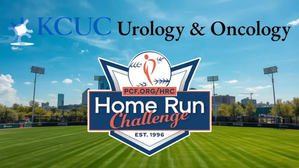 A green field pitch with text superimposed over, reading "KCUC Urology & Oncology Home Run Challenge".