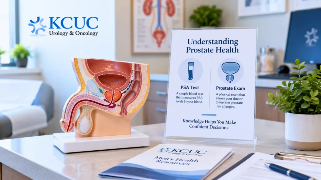 An anatomical representation of the prostate alongside PSA testing documentation.