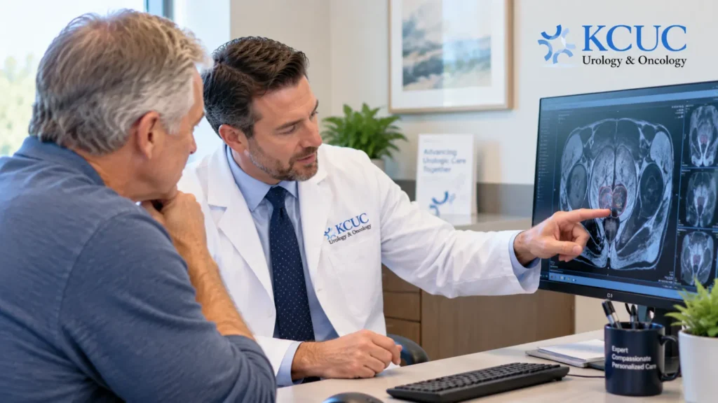 A KCUC Urologist reviewing prostate MRI imaging during an elevated PSA evaluation.