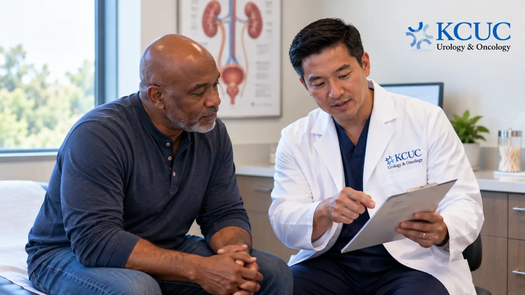 A KCUC care provider covering exam information with a patient.