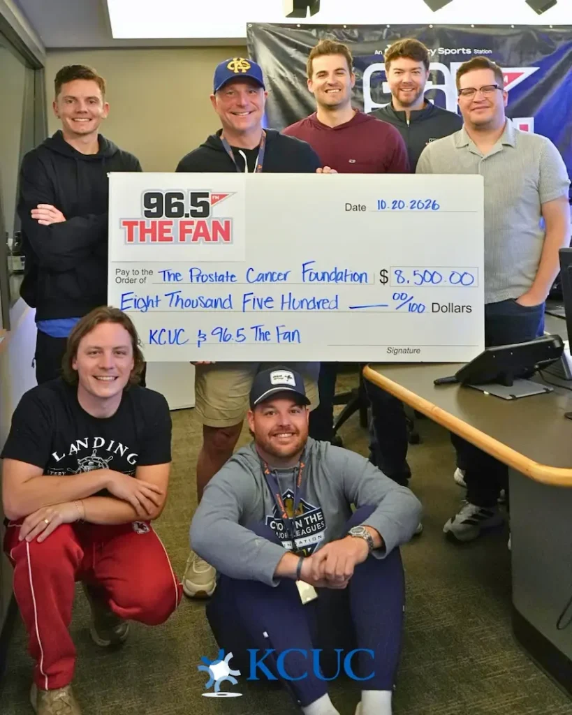 KCUC Prostate Cancer Foundation donation check with 96.5 The Fan